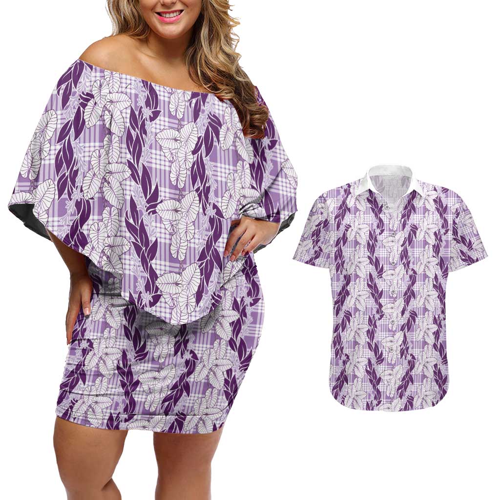 Hawaii Ti Leaf Maile Tuberose Lei Couples Matching Off Shoulder Short Dress and Hawaiian Shirt With Hanalei Leaf Purple LT05 Purple - Polynesian Pride