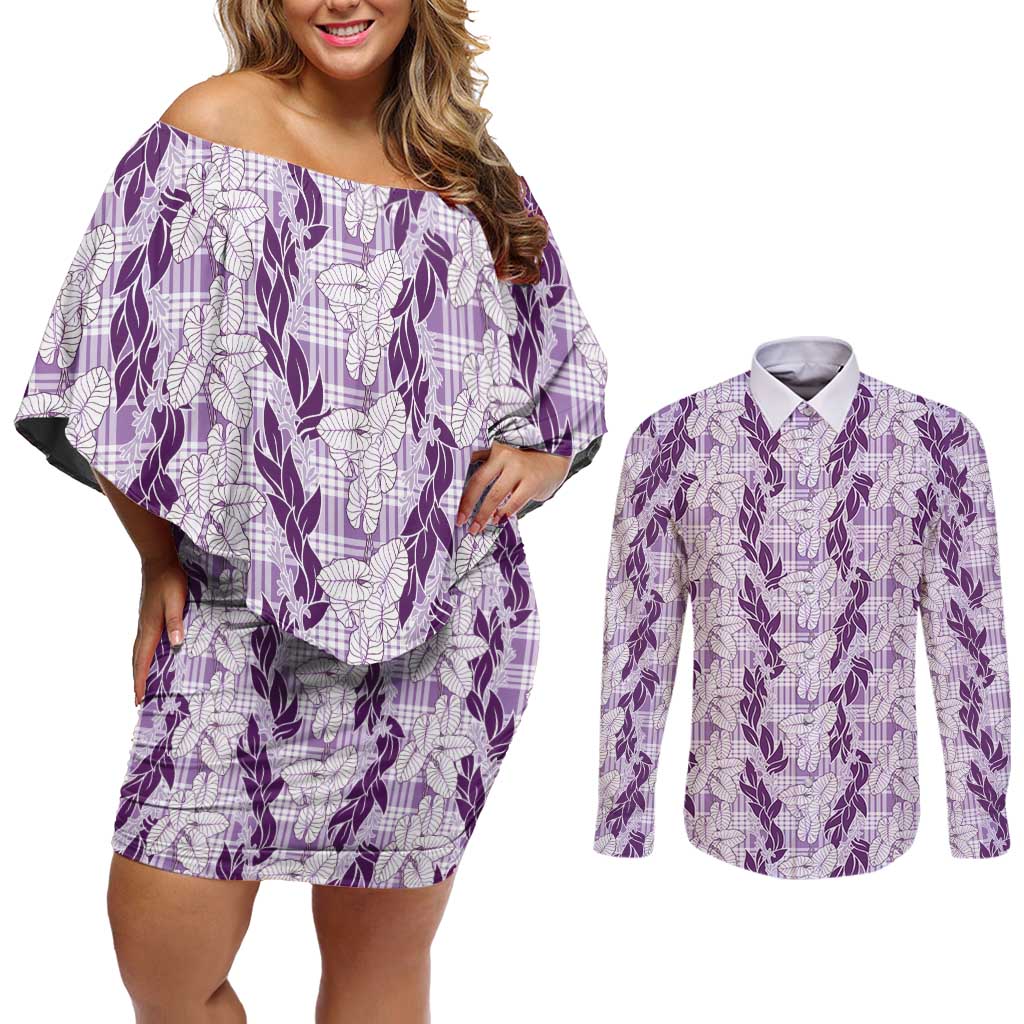 Hawaii Ti Leaf Maile Tuberose Lei Couples Matching Off Shoulder Short Dress and Long Sleeve Button Shirt With Hanalei Leaf Purple LT05 Purple - Polynesian Pride