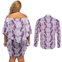 Hawaii Ti Leaf Maile Tuberose Lei Couples Matching Off Shoulder Short Dress and Long Sleeve Button Shirt With Hanalei Leaf Purple