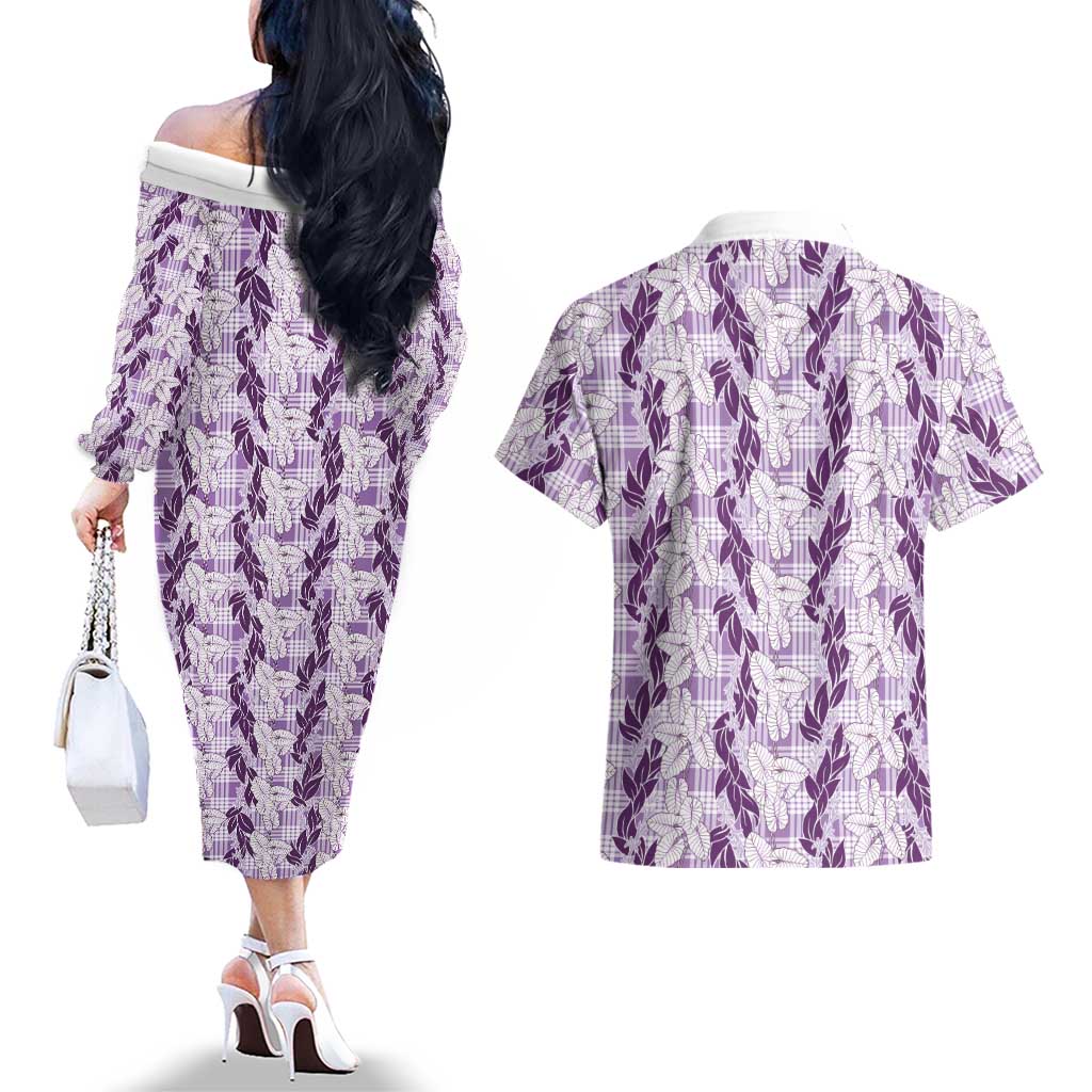 Hawaii Ti Leaf Maile Tuberose Lei Couples Matching Off The Shoulder Long Sleeve Dress and Hawaiian Shirt With Hanalei Leaf Purple LT05 - Polynesian Pride