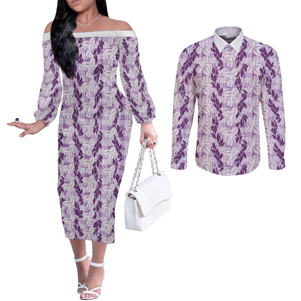 Hawaii Ti Leaf Maile Tuberose Lei Couples Matching Off The Shoulder Long Sleeve Dress and Long Sleeve Button Shirt With Hanalei Leaf Purple LT05 Purple - Polynesian Pride
