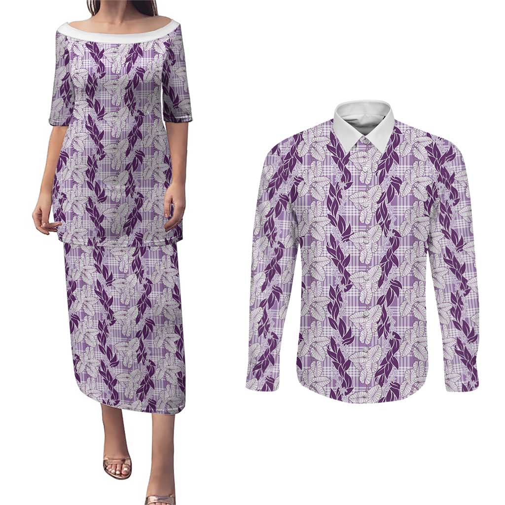 Hawaii Ti Leaf Maile Tuberose Lei Couples Matching Puletasi and Long Sleeve Button Shirt With Hanalei Leaf Purple LT05 Purple - Polynesian Pride