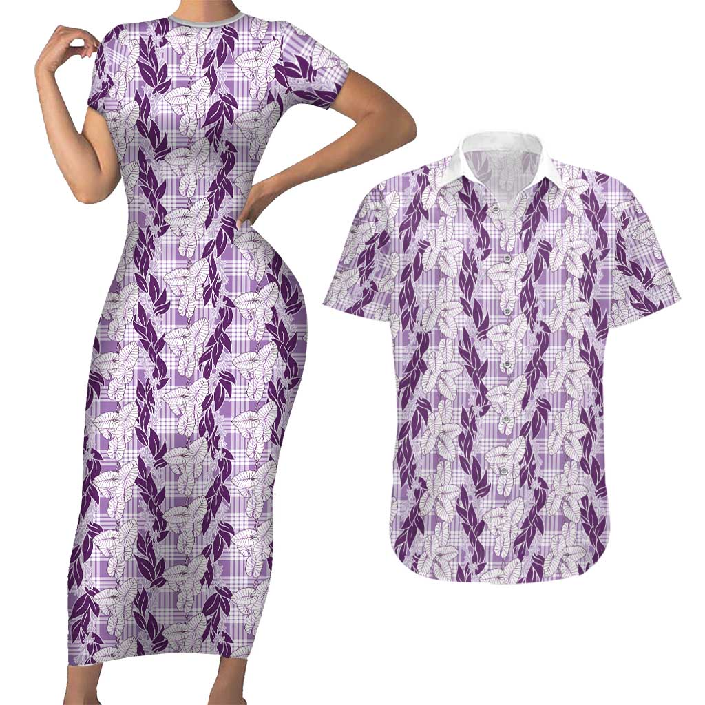 Hawaii Ti Leaf Maile Tuberose Lei Couples Matching Short Sleeve Bodycon Dress and Hawaiian Shirt With Hanalei Leaf Purple LT05 Purple - Polynesian Pride