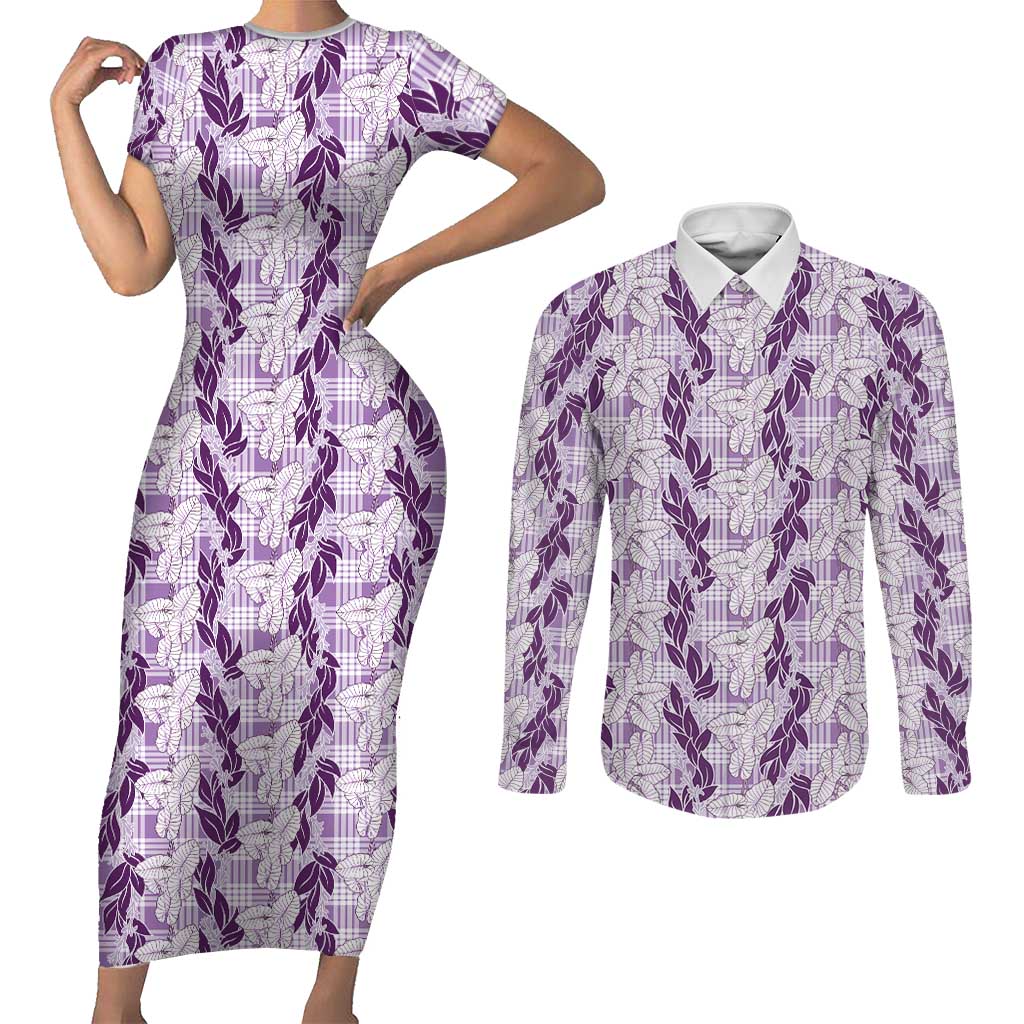 Hawaii Ti Leaf Maile Tuberose Lei Couples Matching Short Sleeve Bodycon Dress and Long Sleeve Button Shirt With Hanalei Leaf Purple LT05 Purple - Polynesian Pride