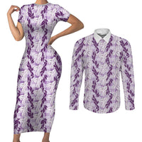 Hawaii Ti Leaf Maile Tuberose Lei Couples Matching Short Sleeve Bodycon Dress and Long Sleeve Button Shirt With Hanalei Leaf Purple LT05 Purple - Polynesian Pride