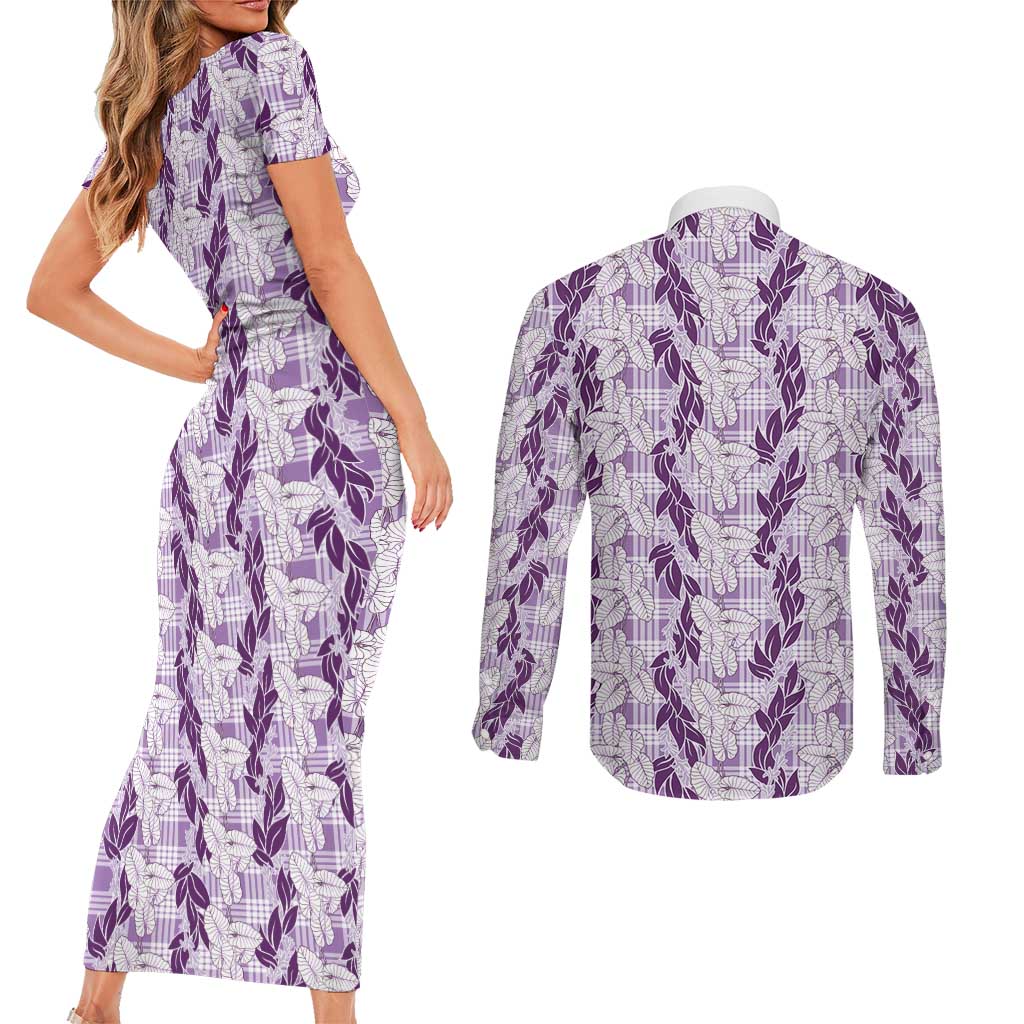 Hawaii Ti Leaf Maile Tuberose Lei Couples Matching Short Sleeve Bodycon Dress and Long Sleeve Button Shirt With Hanalei Leaf Purple LT05 - Polynesian Pride