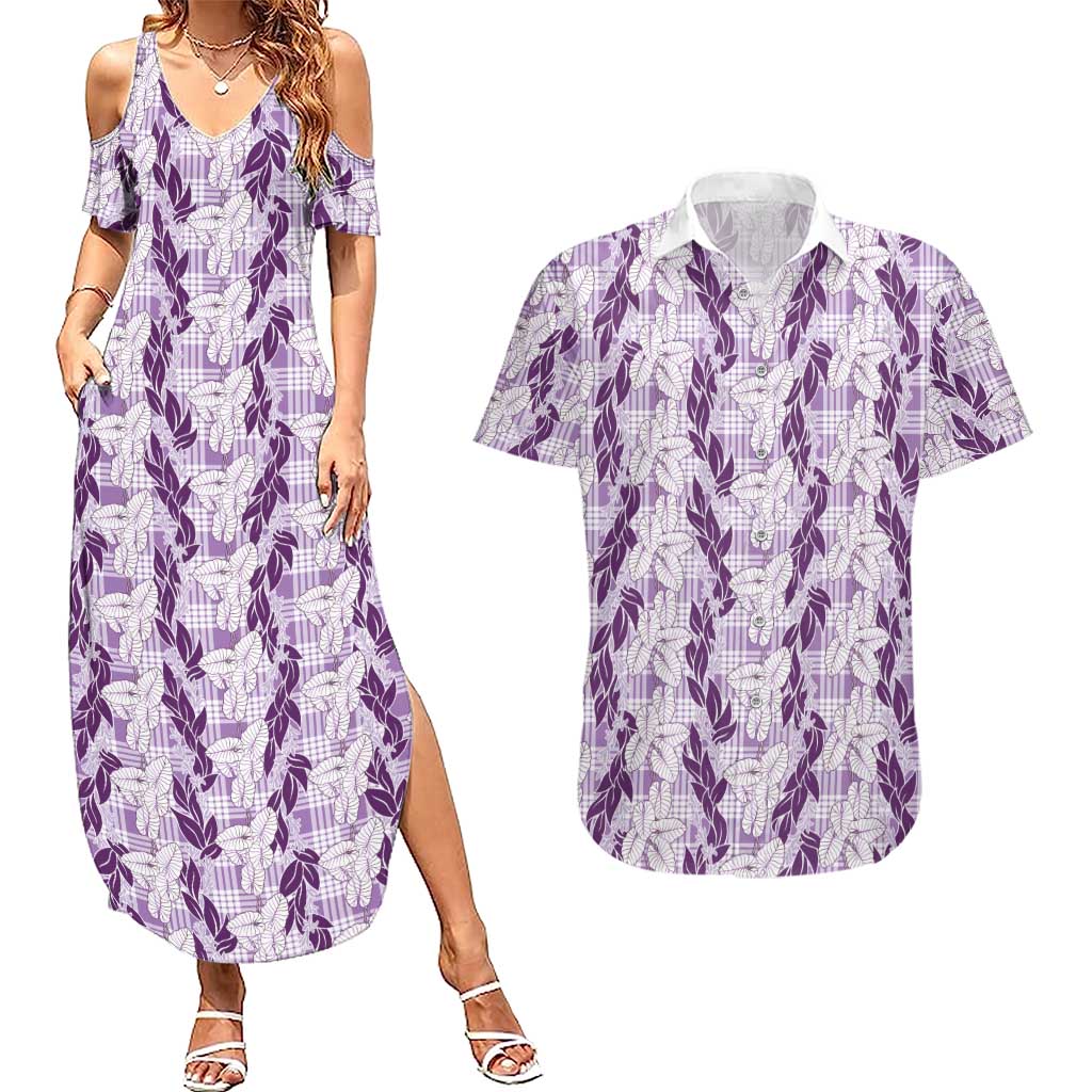Hawaii Ti Leaf Maile Tuberose Lei Couples Matching Summer Maxi Dress and Hawaiian Shirt With Hanalei Leaf Purple LT05 Purple - Polynesian Pride