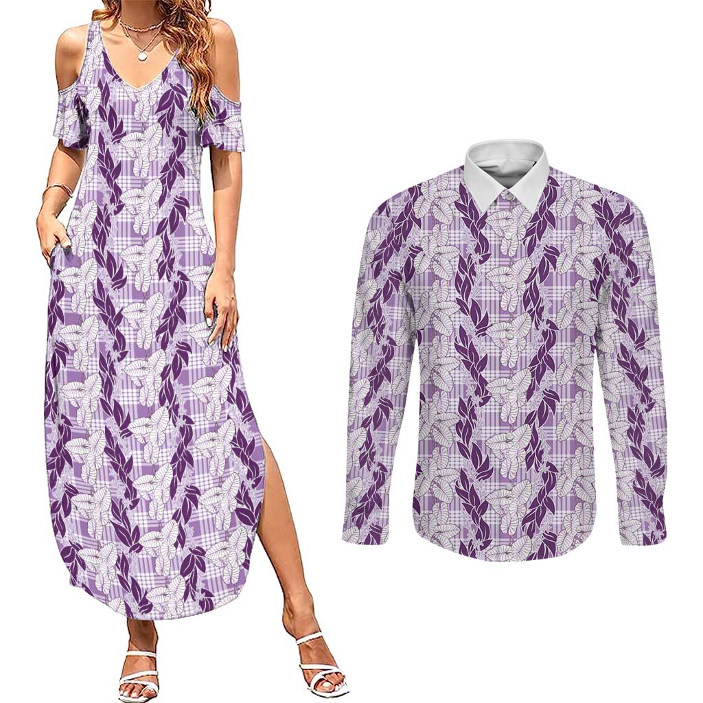 Hawaii Ti Leaf Maile Tuberose Lei Couples Matching Summer Maxi Dress and Long Sleeve Button Shirt With Hanalei Leaf Purple LT05 Purple - Polynesian Pride