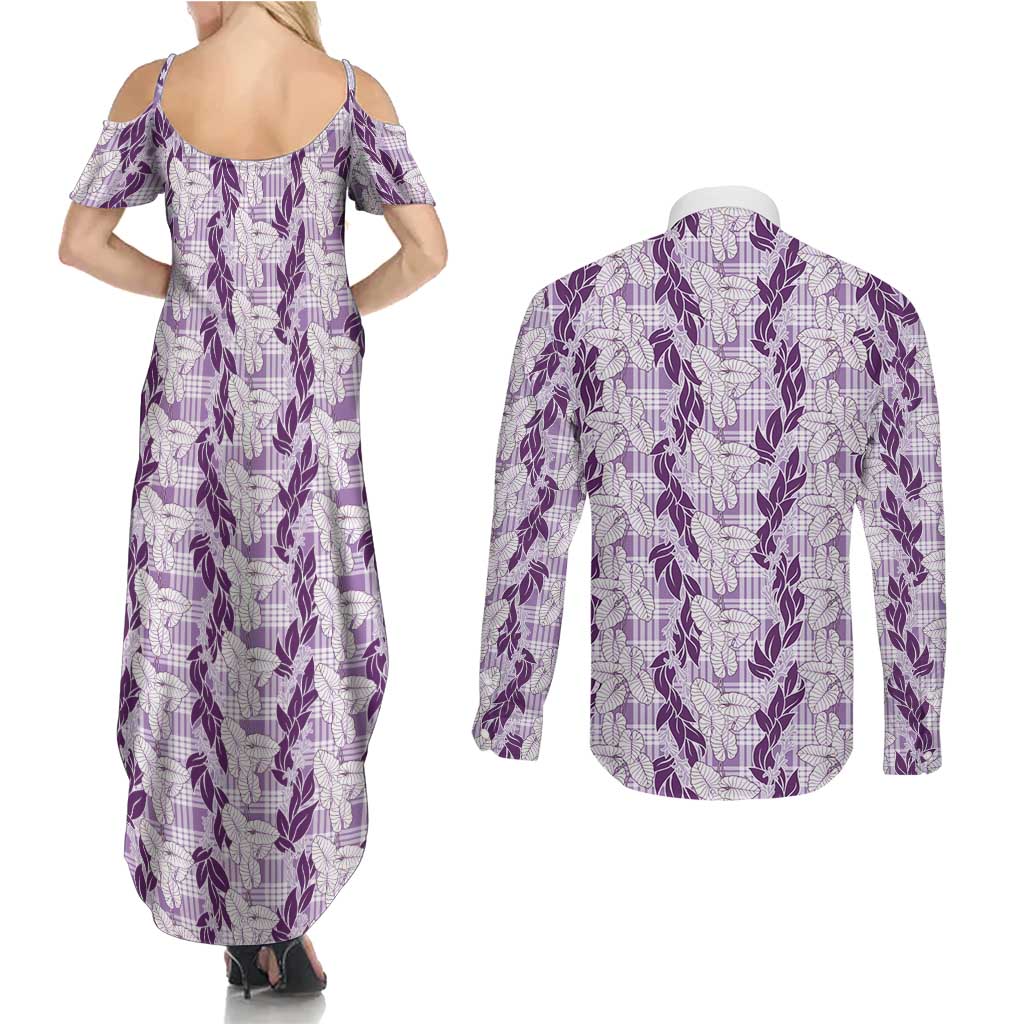 Hawaii Ti Leaf Maile Tuberose Lei Couples Matching Summer Maxi Dress and Long Sleeve Button Shirt With Hanalei Leaf Purple