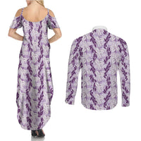 Hawaii Ti Leaf Maile Tuberose Lei Couples Matching Summer Maxi Dress and Long Sleeve Button Shirt With Hanalei Leaf Purple