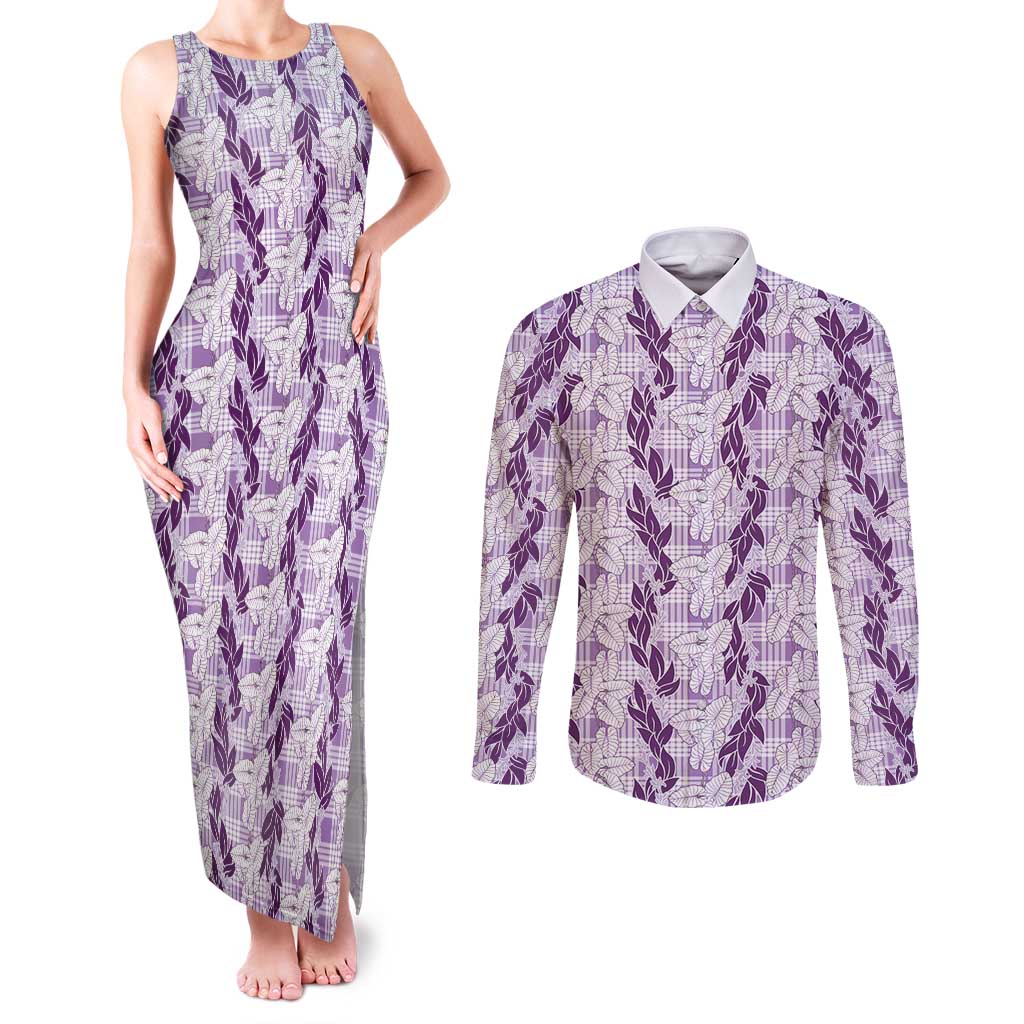 Hawaii Ti Leaf Maile Tuberose Lei Couples Matching Tank Maxi Dress and Long Sleeve Button Shirt With Hanalei Leaf Purple LT05 Purple - Polynesian Pride
