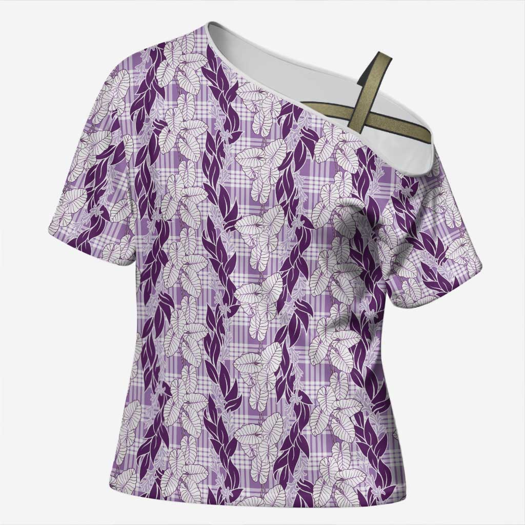 Hawaii Ti Leaf Maile Tuberose Lei Cross Shoulder Shirt With Hanalei Leaf Purple