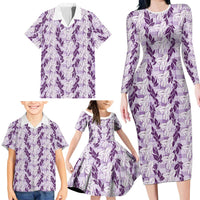 Hawaii Ti Leaf Maile Tuberose Lei Family Matching Long Sleeve Bodycon Dress and Hawaiian Shirt With Hanalei Leaf Purple LT05 - Polynesian Pride