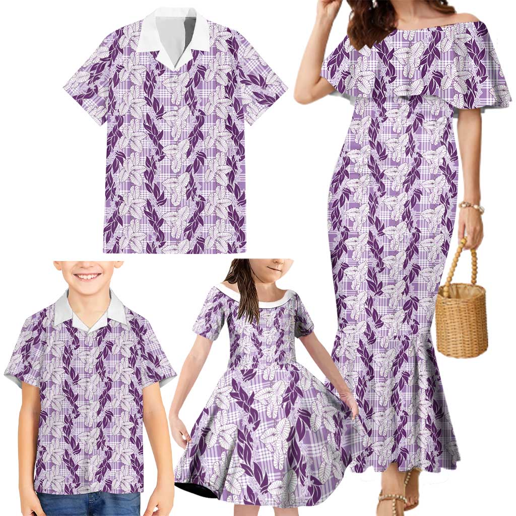 Hawaii Ti Leaf Maile Tuberose Lei Family Matching Mermaid Dress and Hawaiian Shirt With Hanalei Leaf Purple