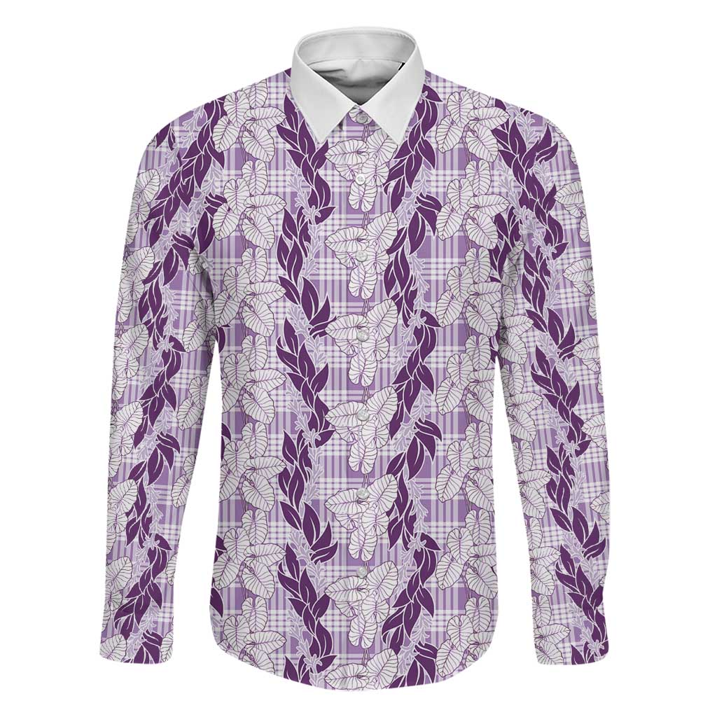 Hawaii Ti Leaf Maile Tuberose Lei Family Matching Mermaid Dress and Hawaiian Shirt With Hanalei Leaf Purple LT05 Dad's Shirt - Long Sleeve Purple - Polynesian Pride