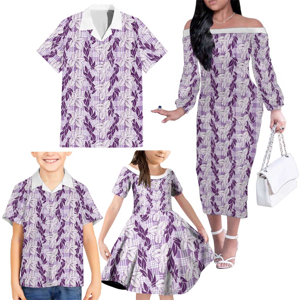 Hawaii Ti Leaf Maile Tuberose Lei Family Matching Off The Shoulder Long Sleeve Dress and Hawaiian Shirt With Hanalei Leaf Purple LT05 - Polynesian Pride