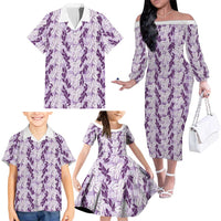 Hawaii Ti Leaf Maile Tuberose Lei Family Matching Off The Shoulder Long Sleeve Dress and Hawaiian Shirt With Hanalei Leaf Purple LT05 - Polynesian Pride