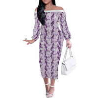 Hawaii Ti Leaf Maile Tuberose Lei Family Matching Off The Shoulder Long Sleeve Dress and Hawaiian Shirt With Hanalei Leaf Purple LT05 Mom's Dress Purple - Polynesian Pride