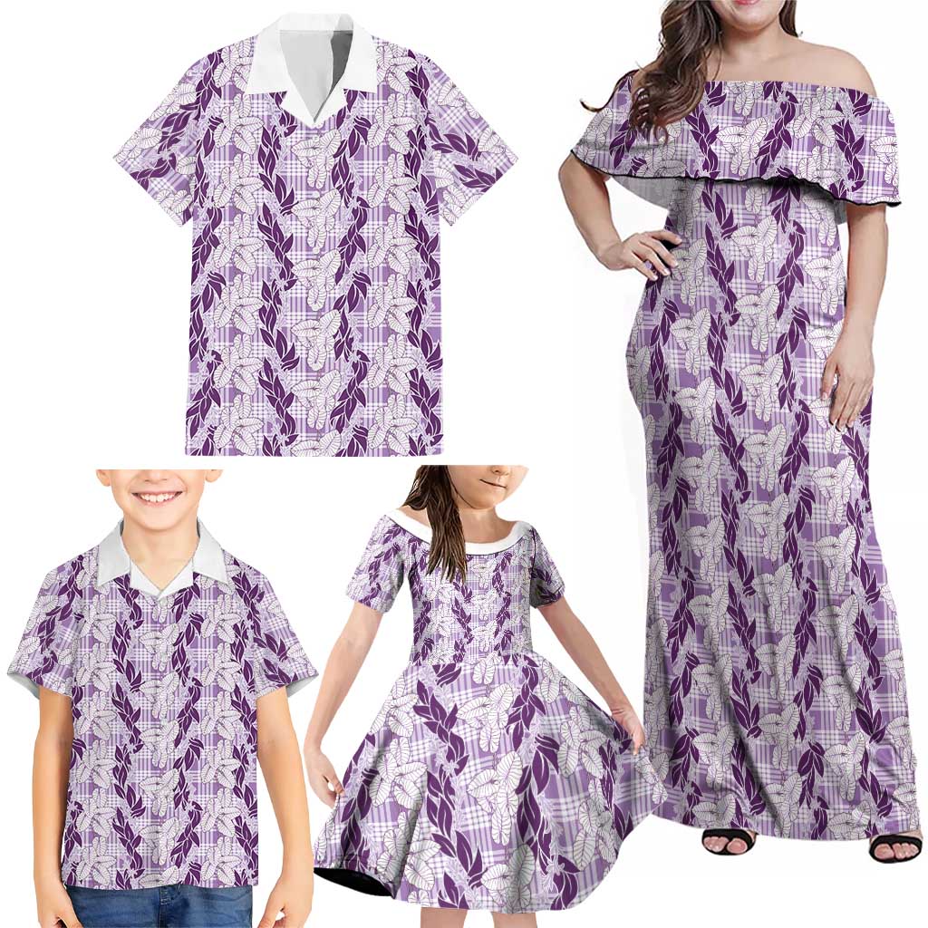 Hawaii Ti Leaf Maile Tuberose Lei Family Matching Off Shoulder Maxi Dress and Hawaiian Shirt With Hanalei Leaf Purple LT05 - Polynesian Pride