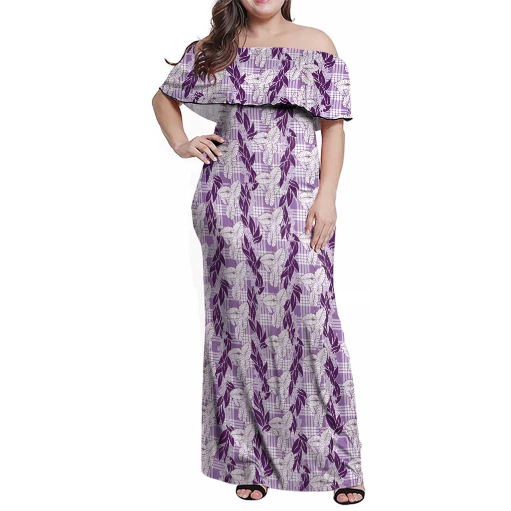 Hawaii Ti Leaf Maile Tuberose Lei Family Matching Off Shoulder Maxi Dress and Hawaiian Shirt With Hanalei Leaf Purple LT05 Mom's Dress Purple - Polynesian Pride