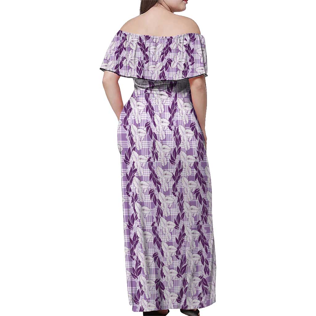 Hawaii Ti Leaf Maile Tuberose Lei Family Matching Off Shoulder Maxi Dress and Hawaiian Shirt With Hanalei Leaf Purple LT05 - Polynesian Pride