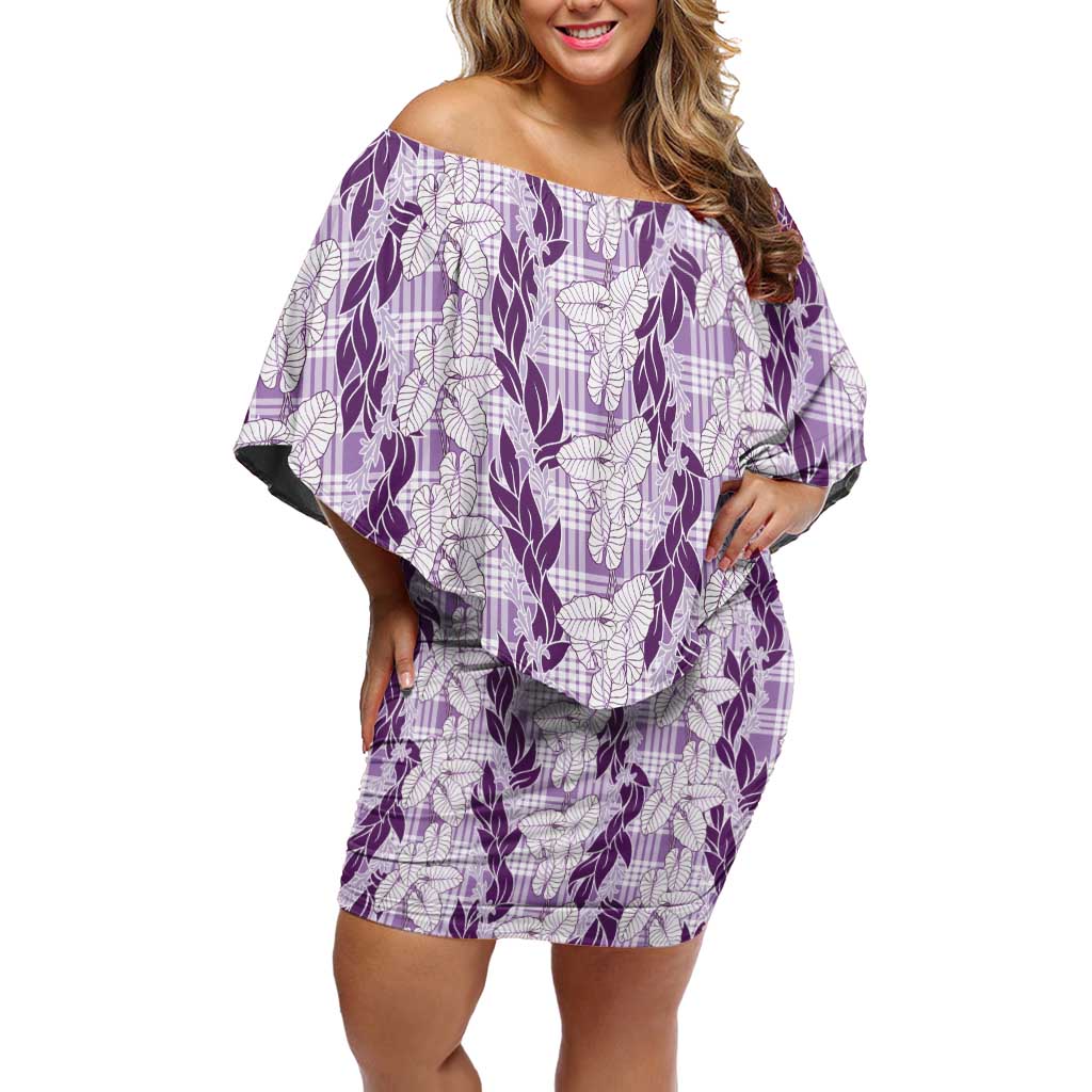 Hawaii Ti Leaf Maile Tuberose Lei Family Matching Off Shoulder Short Dress and Hawaiian Shirt With Hanalei Leaf Purple LT05 Mom's Dress Purple - Polynesian Pride