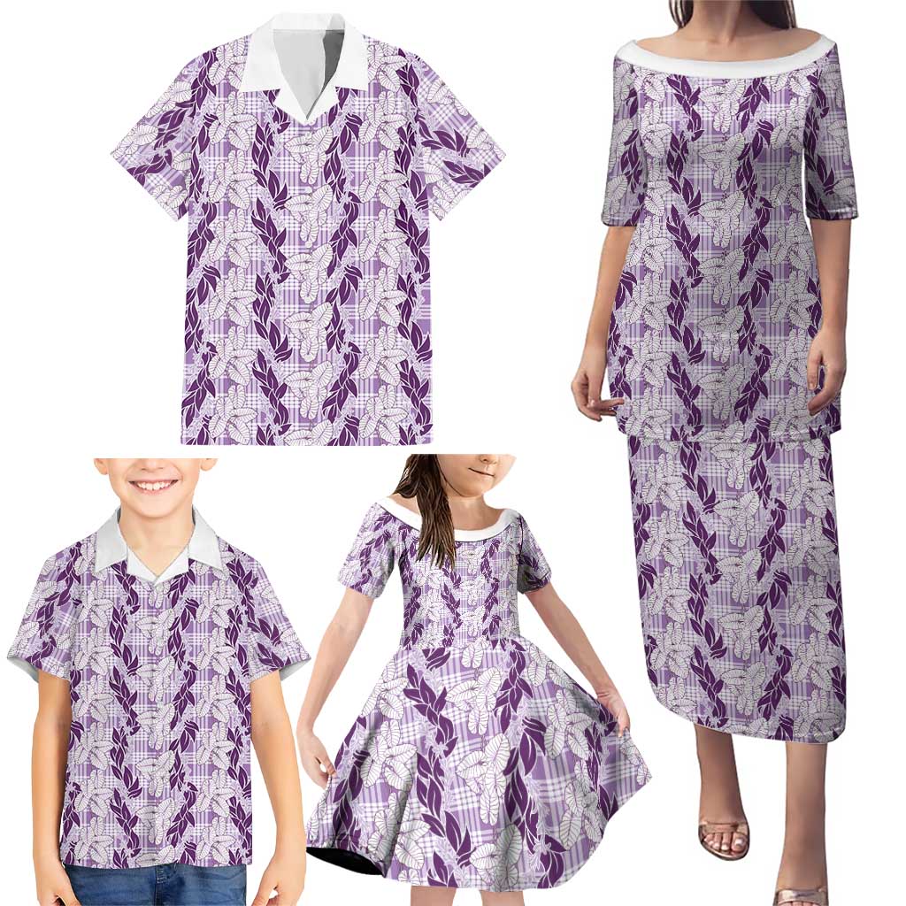 Hawaii Ti Leaf Maile Tuberose Lei Family Matching Puletasi and Hawaiian Shirt With Hanalei Leaf Purple