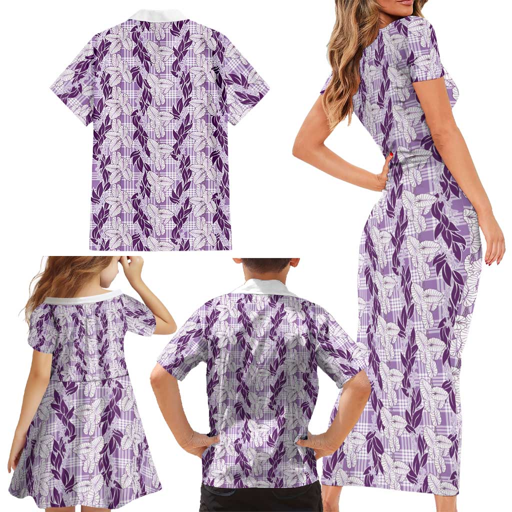 Hawaii Ti Leaf Maile Tuberose Lei Family Matching Short Sleeve Bodycon Dress and Hawaiian Shirt With Hanalei Leaf Purple LT05 - Polynesian Pride
