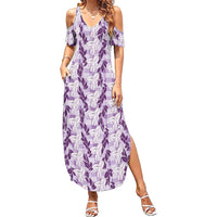 Hawaii Ti Leaf Maile Tuberose Lei Family Matching Summer Maxi Dress and Hawaiian Shirt With Hanalei Leaf Purple LT05 Mom's Dress Purple - Polynesian Pride