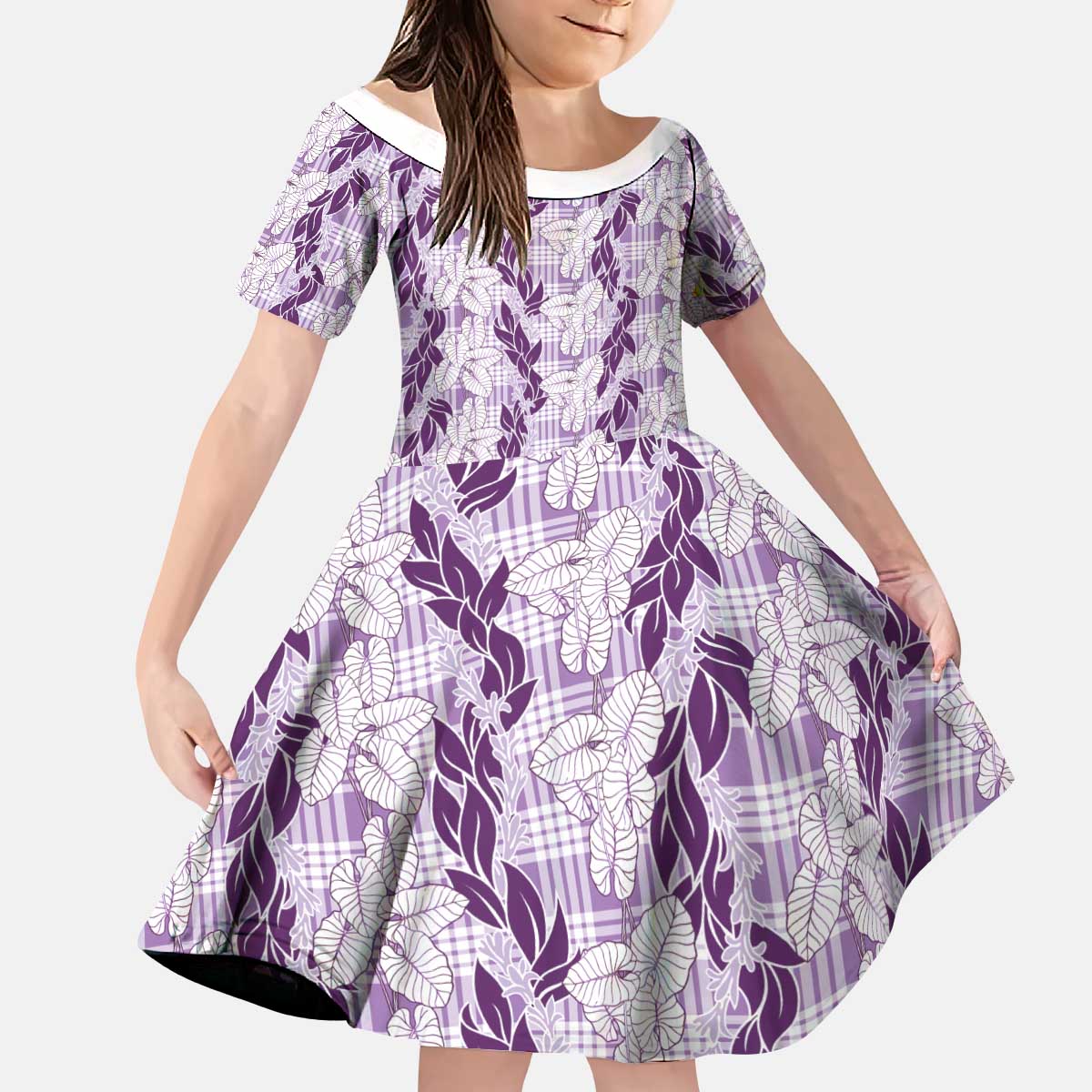 Hawaii Ti Leaf Maile Tuberose Lei Kid Short Sleeve Dress With Hanalei Leaf Purple