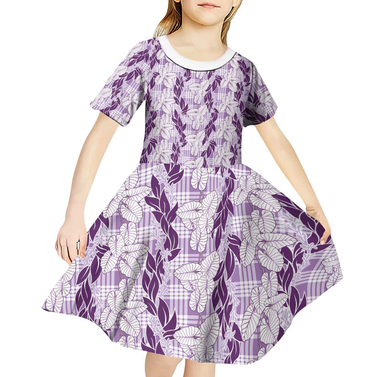 Hawaii Ti Leaf Maile Tuberose Lei Kid Short Sleeve Dress With Hanalei Leaf Purple