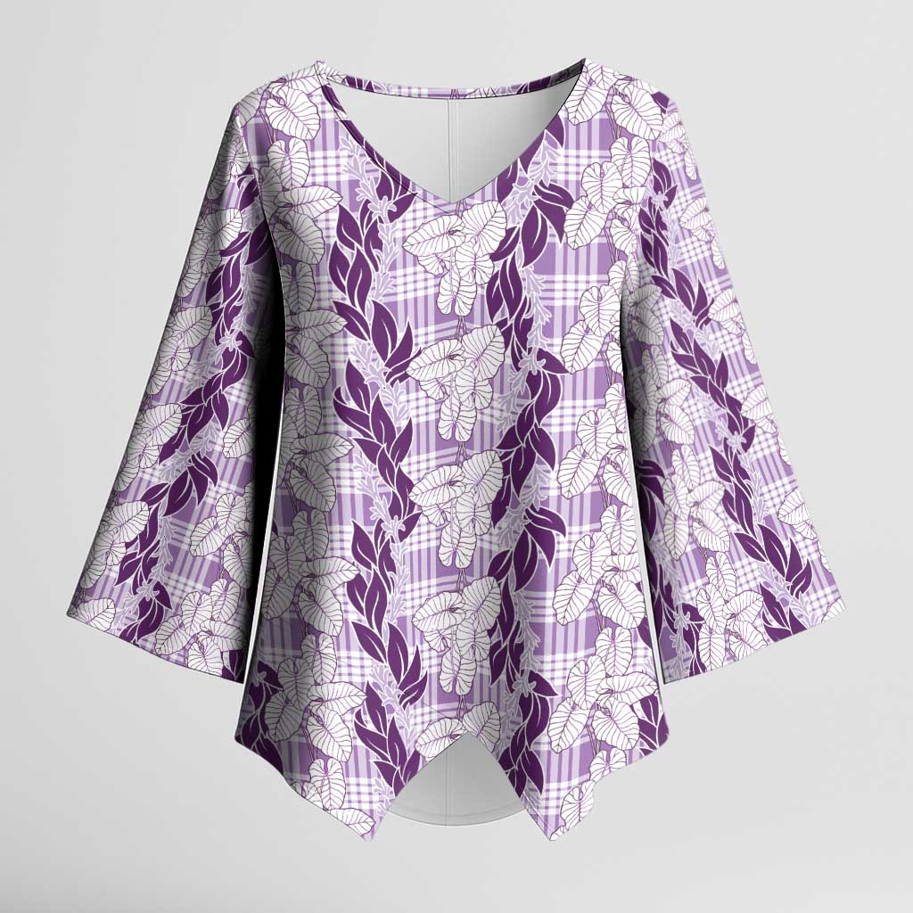 Hawaii Ti Leaf Maile Tuberose Lei Kimono Sleeve Blouse With Hanalei Leaf Purple