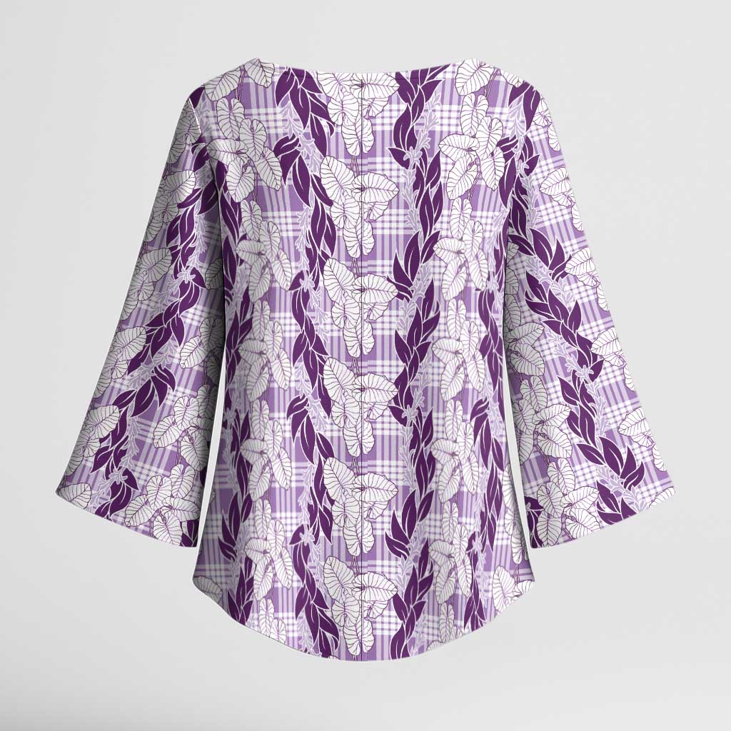 Hawaii Ti Leaf Maile Tuberose Lei Kimono Sleeve Blouse With Hanalei Leaf Purple
