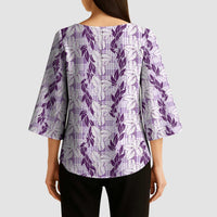 Hawaii Ti Leaf Maile Tuberose Lei Kimono Sleeve Blouse With Hanalei Leaf Purple
