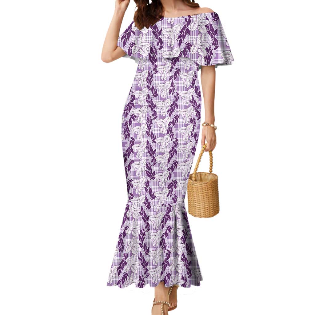Hawaii Ti Leaf Maile Tuberose Lei Mermaid Dress With Hanalei Leaf Purple