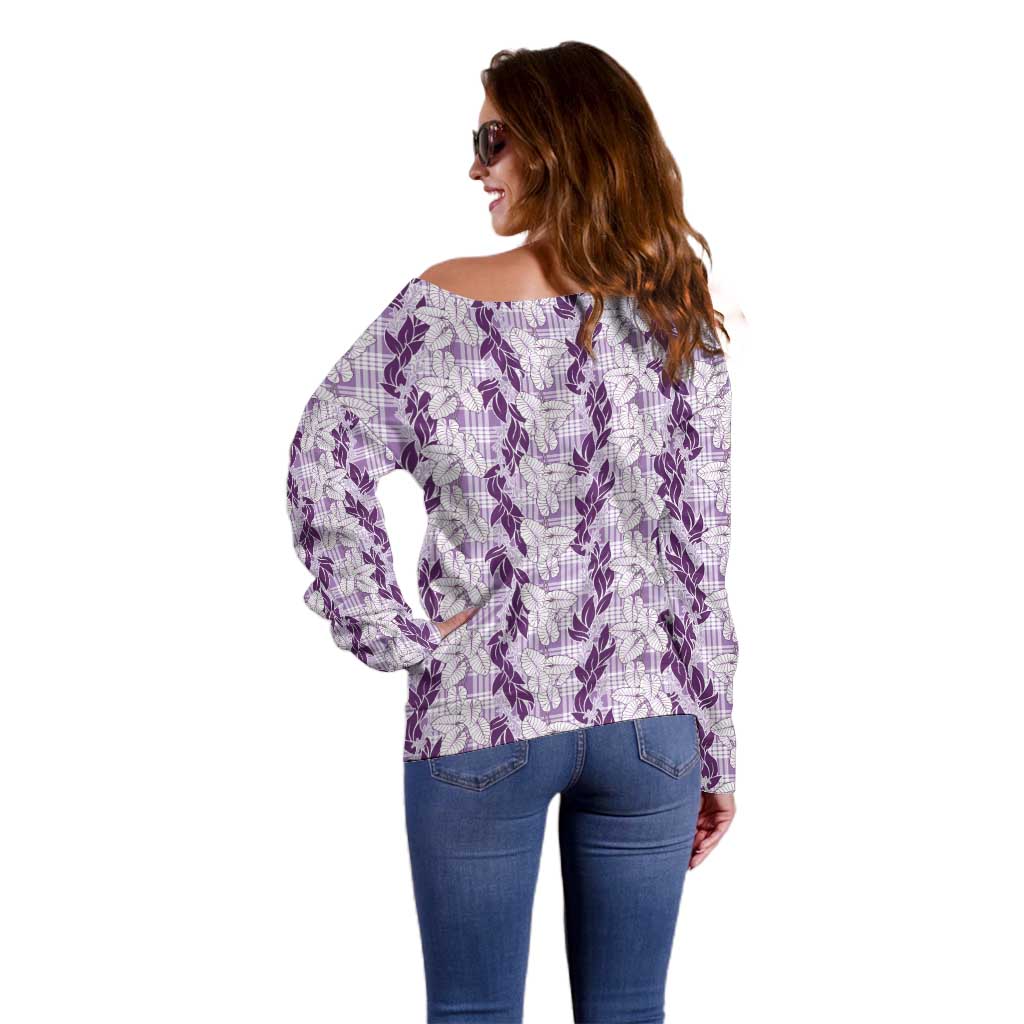 Hawaii Ti Leaf Maile Tuberose Lei Off Shoulder Sweater With Hanalei Leaf Purple
