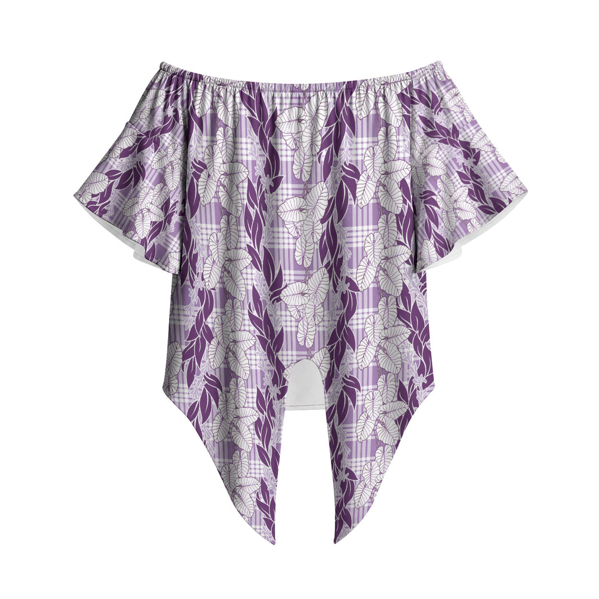 Hawaii Ti Leaf Maile Tuberose Lei Off Shoulder Wrap Waist Top With Hanalei Leaf Purple LT05 Purple - Polynesian Pride