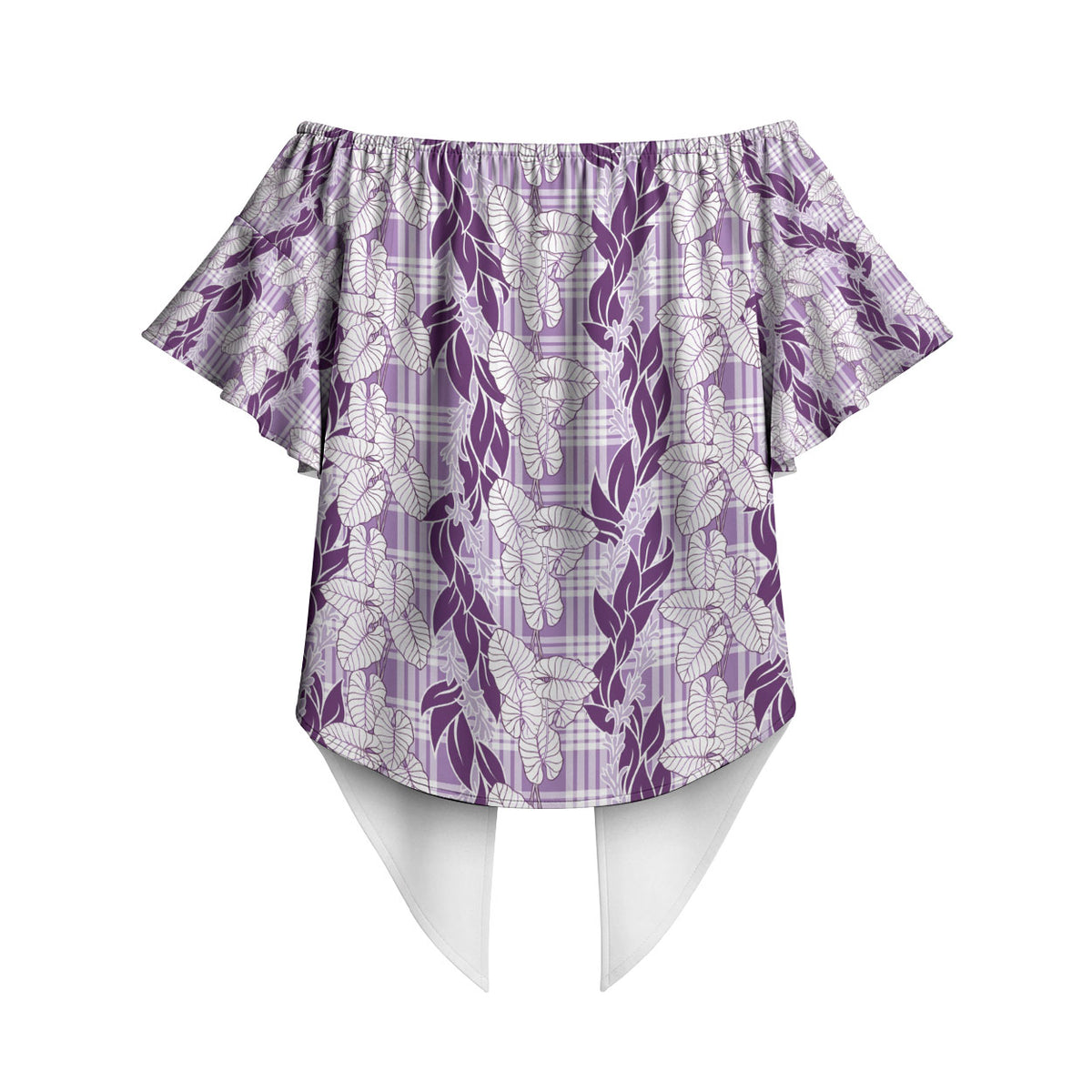 Hawaii Ti Leaf Maile Tuberose Lei Off Shoulder Wrap Waist Top With Hanalei Leaf Purple LT05 - Polynesian Pride