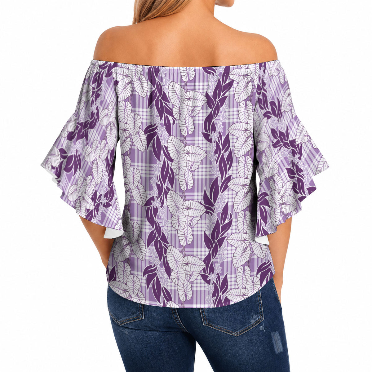 Hawaii Ti Leaf Maile Tuberose Lei Off Shoulder Wrap Waist Top With Hanalei Leaf Purple LT05 - Polynesian Pride