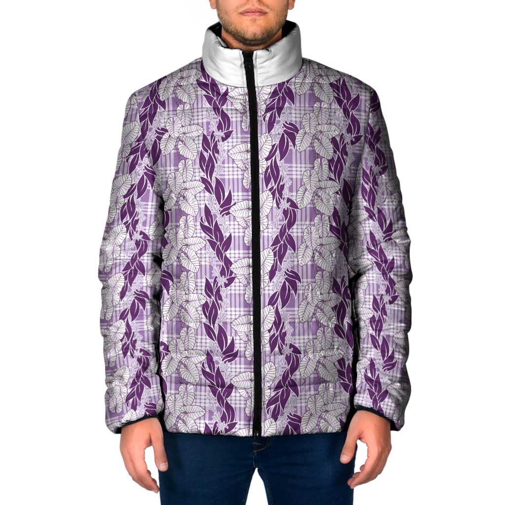 Hawaii Ti Leaf Maile Tuberose Lei Padded Jacket With Hanalei Leaf Purple