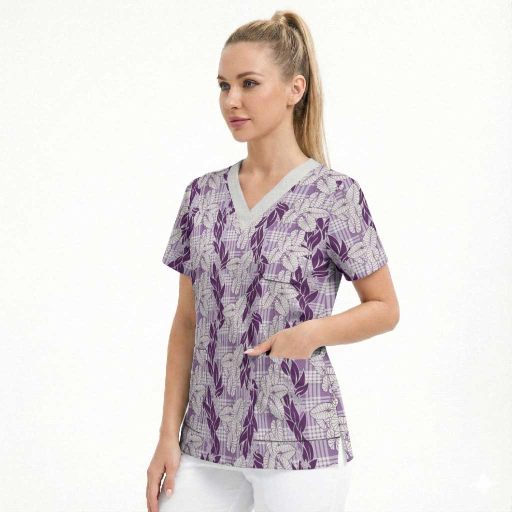 Hawaii Ti Leaf Maile Tuberose Lei Scrub Top With Hanalei Leaf Purple