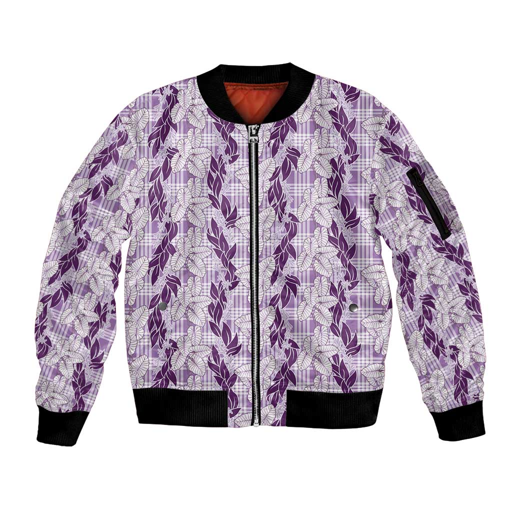 Hawaii Ti Leaf Maile Tuberose Lei Sleeve Zip Bomber Jacket With Hanalei Leaf Purple