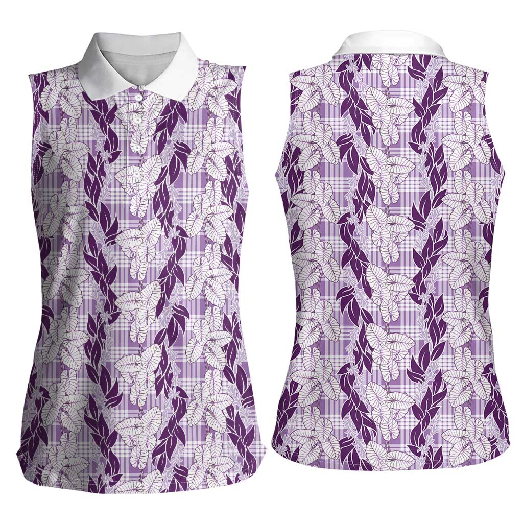 Hawaii Ti Leaf Maile Tuberose Lei Women Sleeveless Polo Shirt With Hanalei Leaf Purple