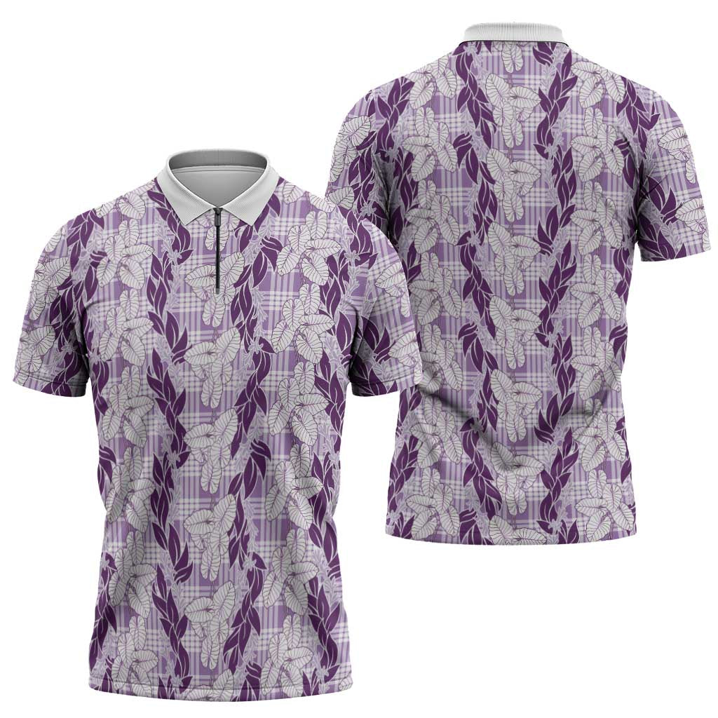 Hawaii Ti Leaf Maile Tuberose Lei Zipper Polo Shirt With Hanalei Leaf Purple