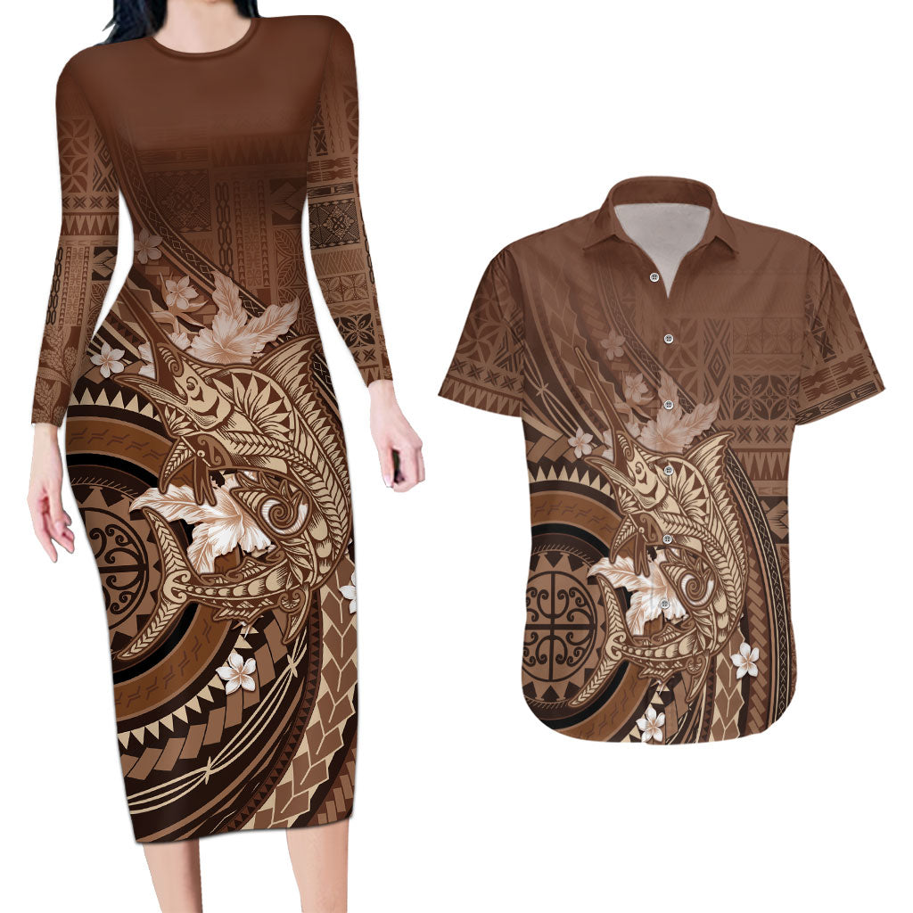 Samoa Tatau Marlin Couples Matching Long Sleeve Bodycon Dress and Hawaiian Shirt With Siapo Motifs Brown