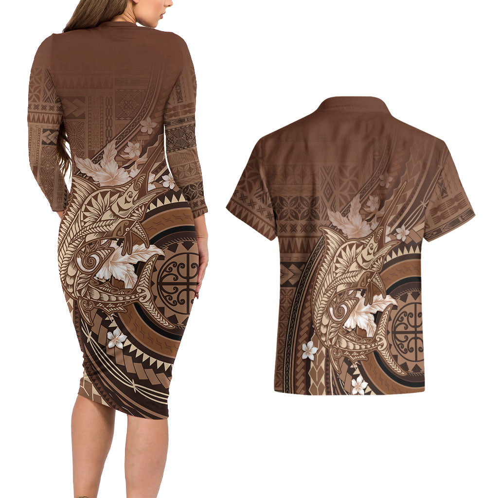 Samoa Tatau Marlin Couples Matching Long Sleeve Bodycon Dress and Hawaiian Shirt With Siapo Motifs Brown LT05 - Polynesian Pride