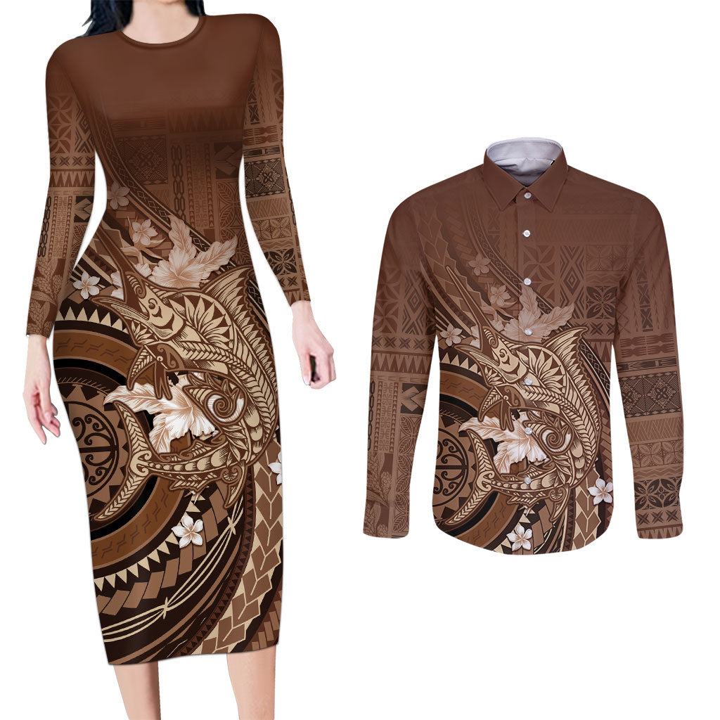 Samoa Tatau Marlin Couples Matching Long Sleeve Bodycon Dress and Long Sleeve Button Shirt With Siapo Motifs Brown LT05 Brown - Polynesian Pride