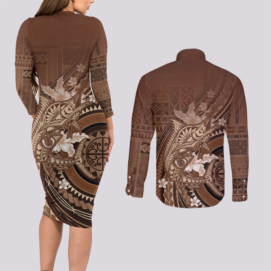Samoa Tatau Marlin Couples Matching Long Sleeve Bodycon Dress and Long Sleeve Button Shirt With Siapo Motifs Brown LT05 - Polynesian Pride