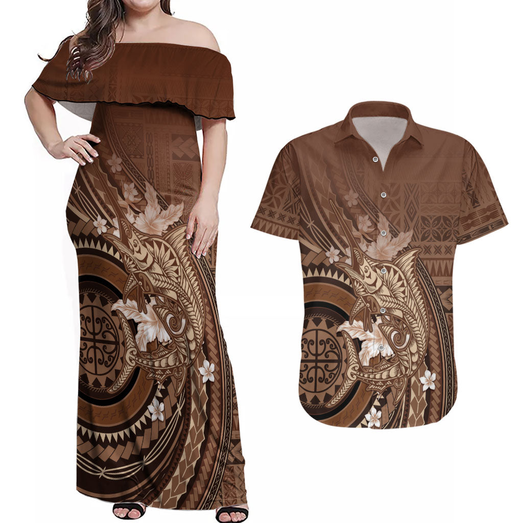 Samoa Tatau Marlin Couples Matching Off Shoulder Maxi Dress and Hawaiian Shirt With Siapo Motifs Brown LT05 Brown - Polynesian Pride