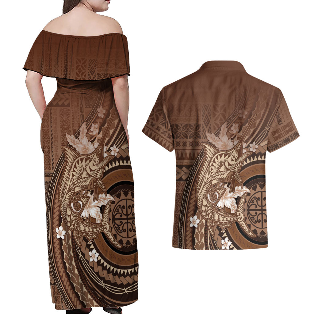 Samoa Tatau Marlin Couples Matching Off Shoulder Maxi Dress and Hawaiian Shirt With Siapo Motifs Brown LT05 - Polynesian Pride